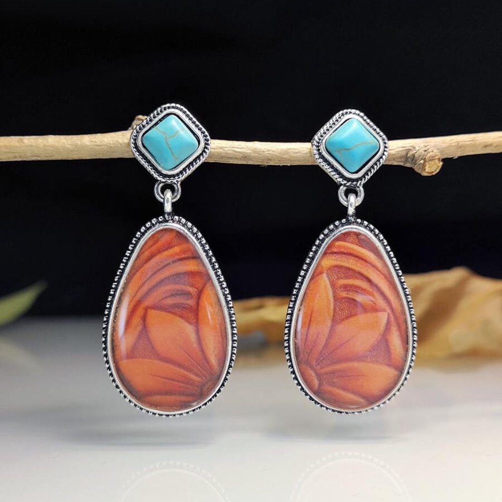 Boho Western turquoise Flower cactus earrings